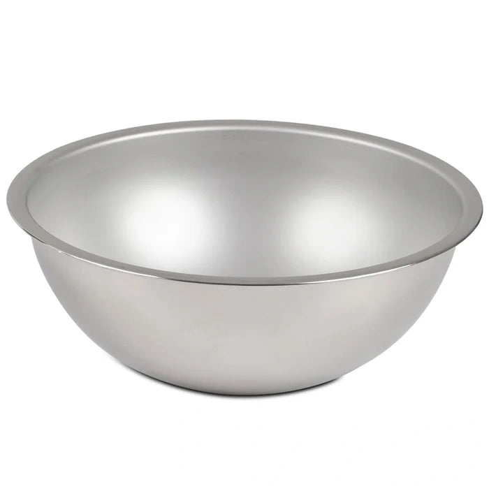 A deep silver stainless steel mixing bowl with a flat bottom.