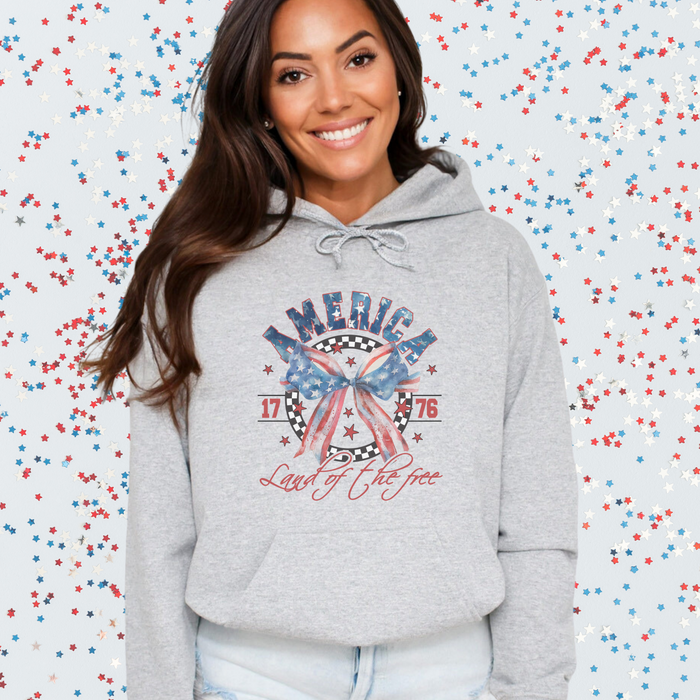 Land of the Free Coquette Bow Patriotic 4th of July Hoodie