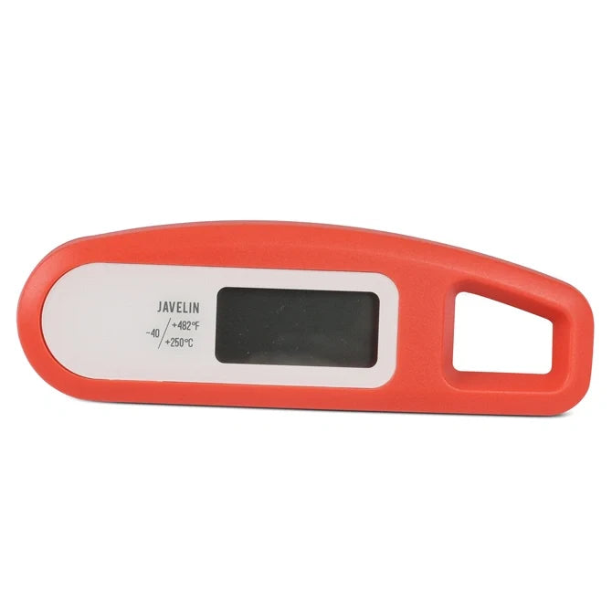 Red digital thermometer with a white display on a white background
