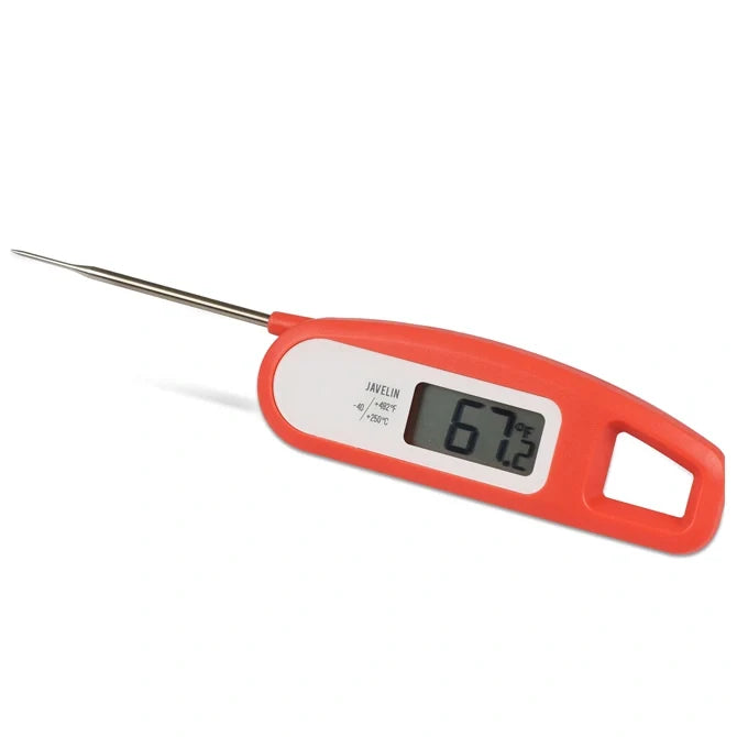Digital thermometer with an orange casing on a white background