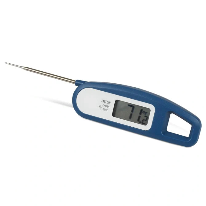 Digital thermometer with blue casing and digital display on a white background