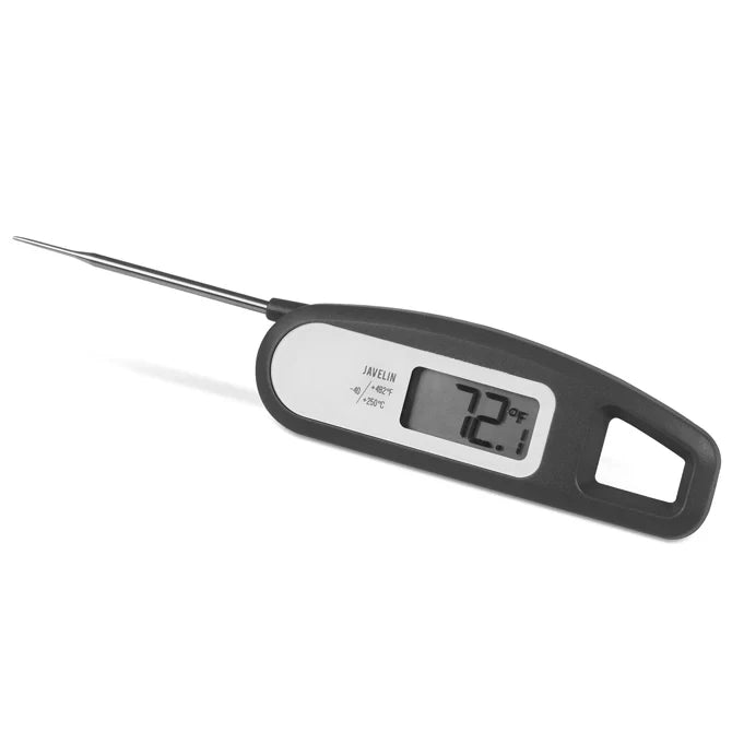 Digital thermometer with black casing and digital display on a white background