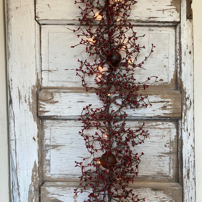 Lighted Burgundy Pip Berry Garland with Jingle Bells 4' - Primitive Star Quilt Shop