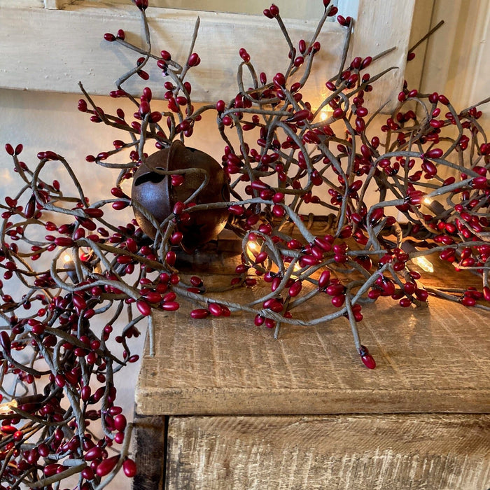 Lighted Burgundy Pip Berry Garland with Jingle Bells 4' - Primitive Star Quilt Shop