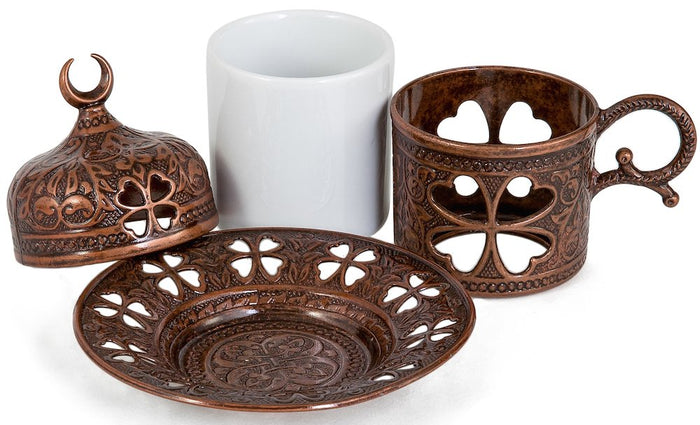 Luxury Turkish Coffee Cup with Inner Porcelain, Metal Holder, Saucer and Lid, 4 Pieces