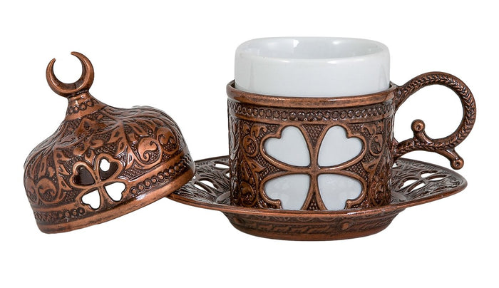 Luxury Turkish Coffee Cup with Inner Porcelain, Metal Holder, Saucer and Lid, 4 Pieces