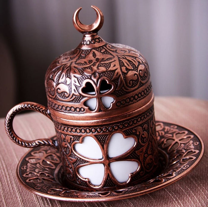 Luxury Turkish Coffee Cup with Inner Porcelain, Metal Holder, Saucer and Lid, 4 Pieces