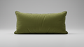 An olive green velvet lumbar pillow with a long rectangular shape and piped edges, shown against a plain white background.