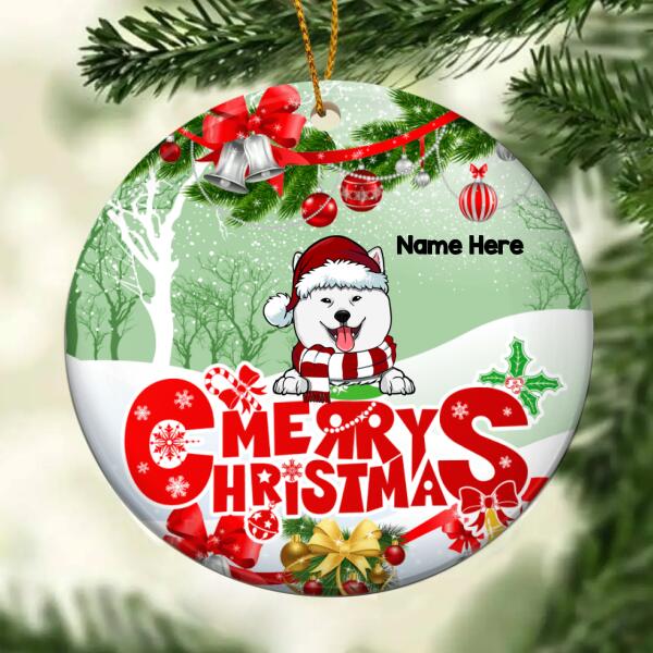 Merry Christmas Red & Green Circle Ceramic Ornament, Personalized Dog Lovers Decorative Christmas Ornament