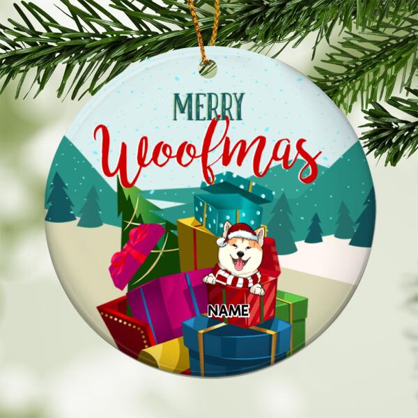 Merry Woofmas, Christmas Gifts Bauble, Personalized Dog Breeds Circle Ceramic Ornament, Xmas Gifts For Dog Lovers