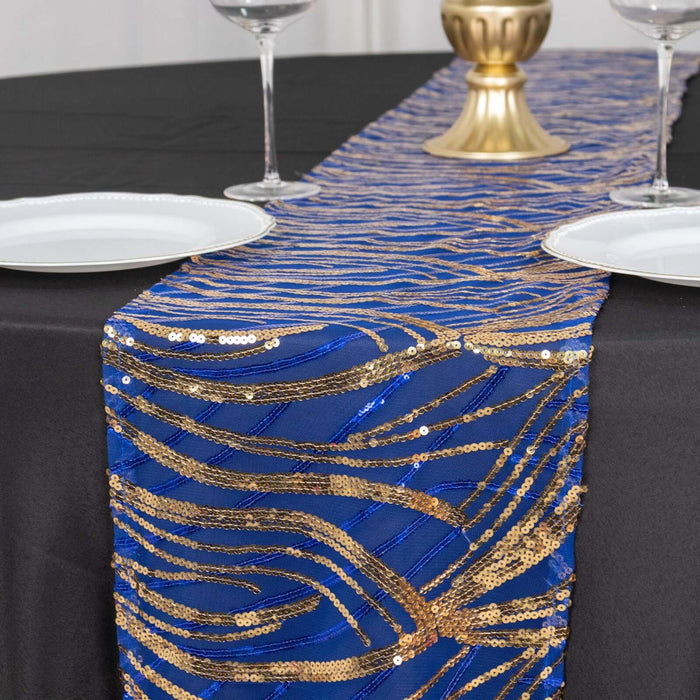 Blue and gold sequined table runner on a black table setting.
