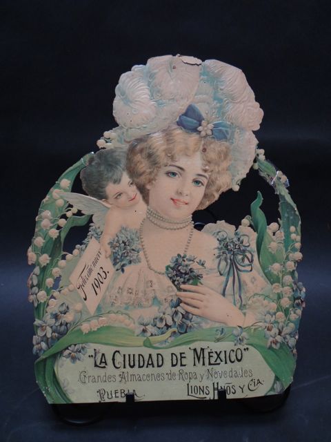 Mexican Calendar Chromo: La Ciudad de Mexico-Lady with a Cherub on her Shoulder