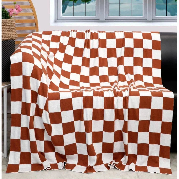 Monochrome Checkered Rust and White Throw Blanket - Rugs by Roo