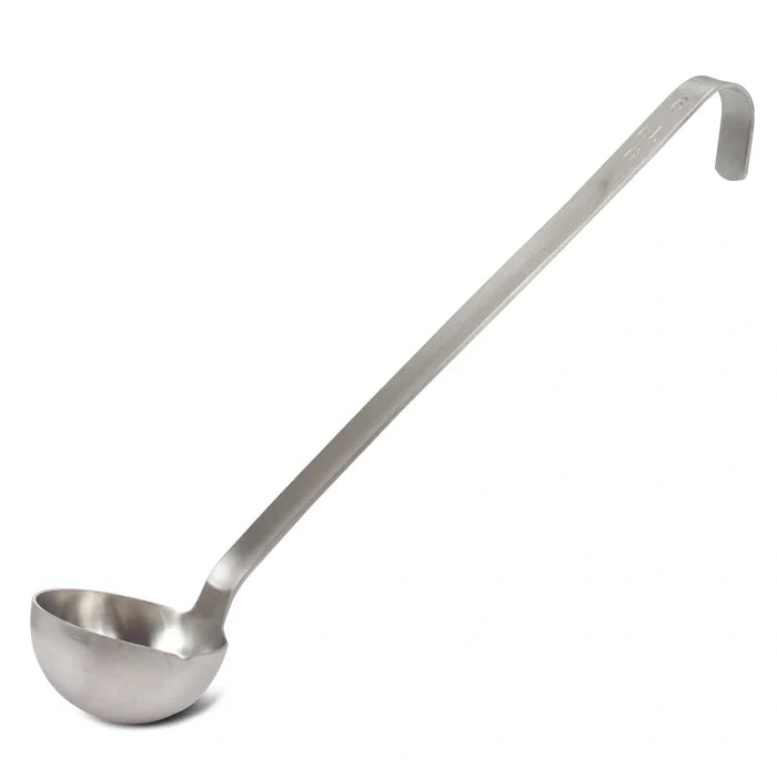 2oz One Piece Ladle in stainless steel on white background.