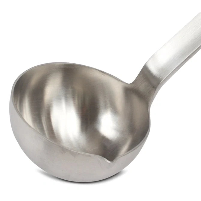 2oz One Piece Ladle in stainless steel on white background.