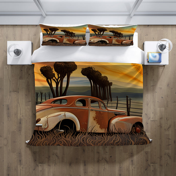 Orange Vintage Truck Sunset Artwork Duvet Cover