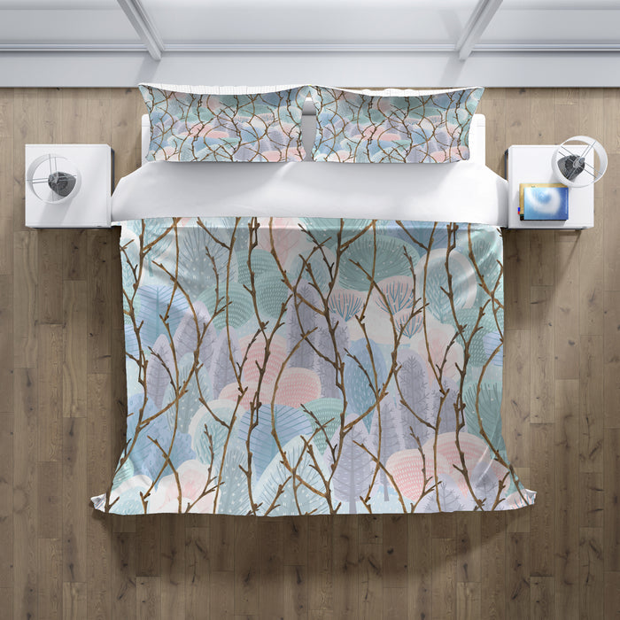 Pink Branch and Bird Botanical Pattern Duvet Cover