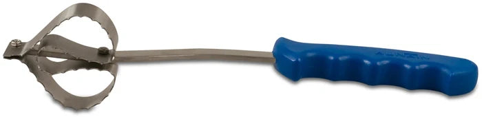 An 11-inch fish scaler with a stainless steel head and a blue plastic handle.