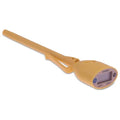 A yellow pocket digital thermometer with a long probe and digital display.