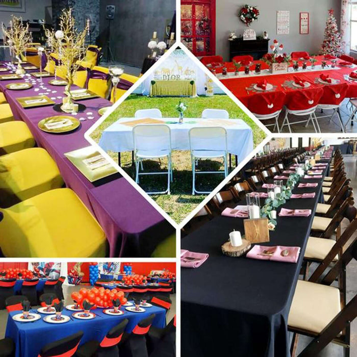 Variety of decorated tables for events and celebrations in different settings.