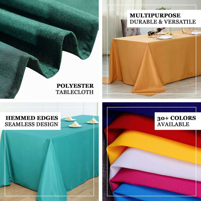 Polyester tablecloths in various colors and styles for versatile use.