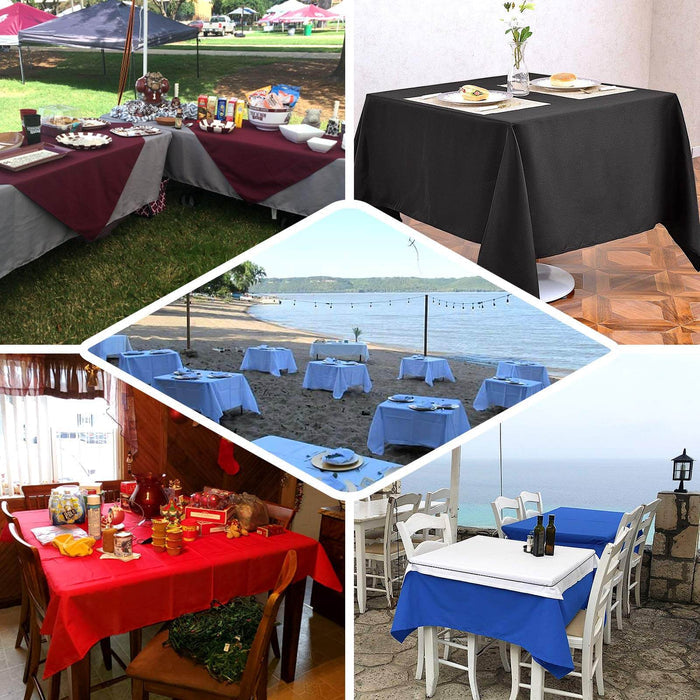Assorted tablecloths in various colors set for different outdoor and indoor events.