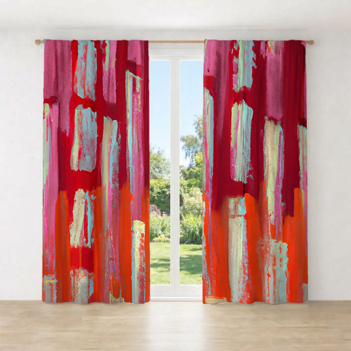 Red Vertical Strokes Abstract  Pattern Window Curtains
