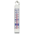 A white refrigerator/freezer thermometer with a blue and black scale, hanging from a loop.