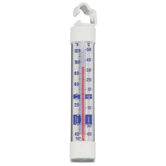 A white refrigerator/freezer thermometer with a blue and black scale, hanging from a loop.