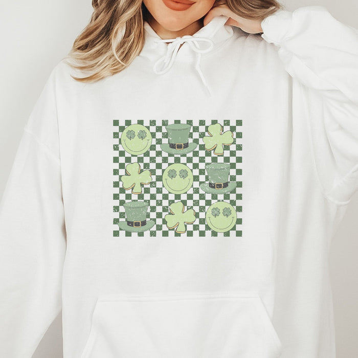Retro Leprechaun- Shamrock-Smiley Distressed St. Patrick's Day Hoodie - Trendznmore