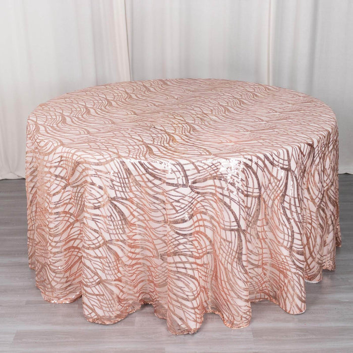 Rose gold wavy sequin tablecloth on a round table