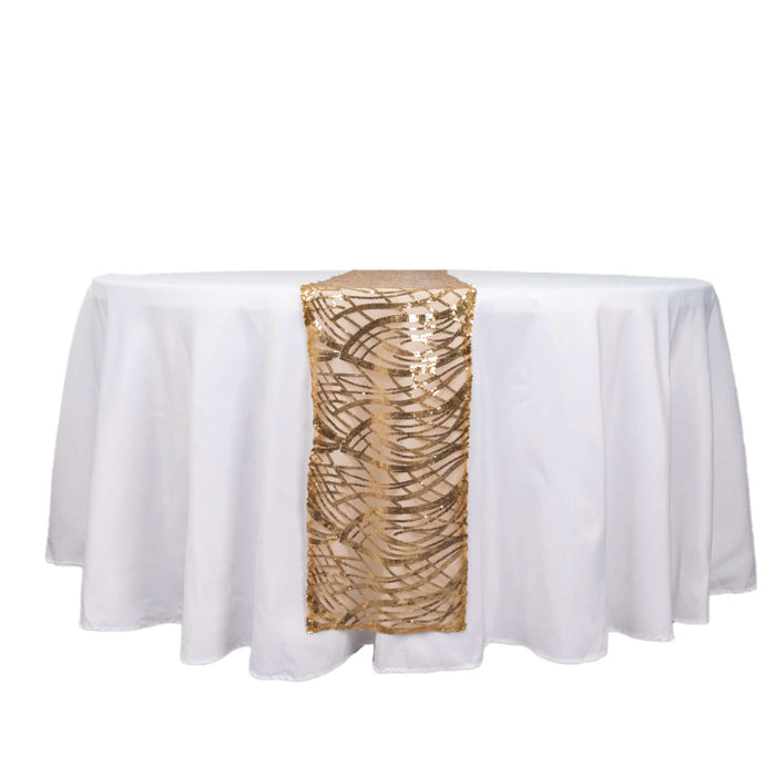 Gold sequined table runner on a white round tablecloth