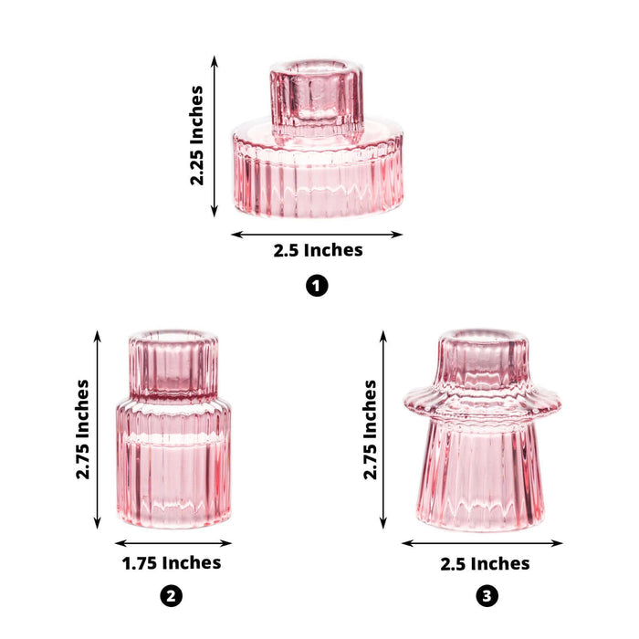 Three pink glass candle holders with measurements displayed.