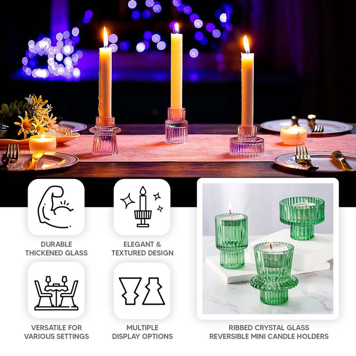 Ribbed crystal glass candle holders in green and clear for versatile display options.