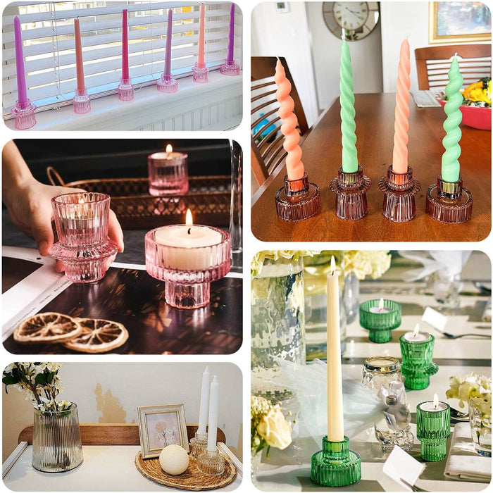 Colorful candle holders in various styles and settings for home decor inspiration.