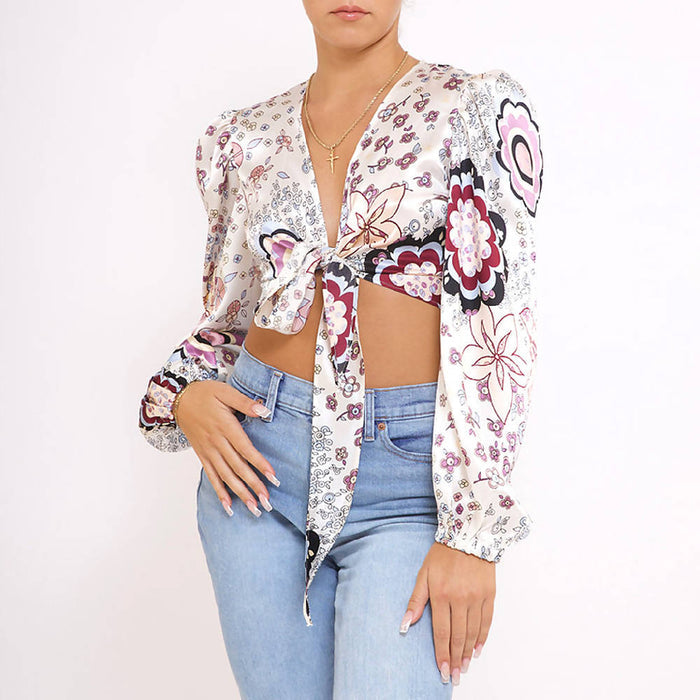 Silk wrap/tie puff long sleeve top