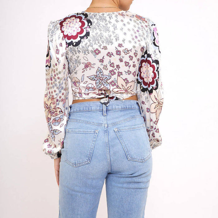 Silk wrap/tie puff long sleeve top