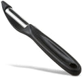 A black slim serrated peeler with a high-carbon stainless steel blade and a nylon professional-quality handle.