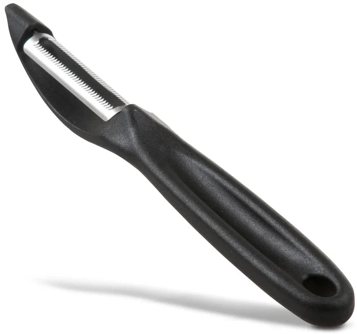 A black slim serrated peeler with a high-carbon stainless steel blade and a nylon professional-quality handle.