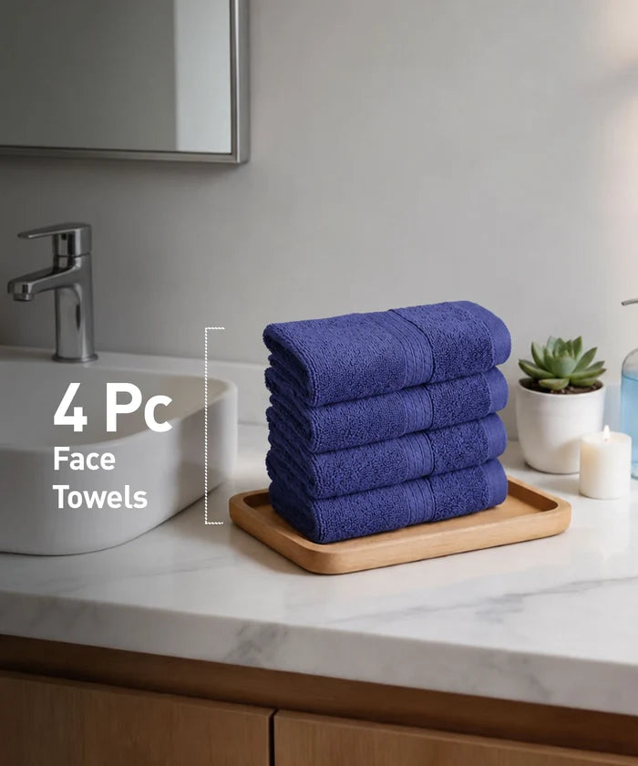 Soft Comfort 4Pc Face Towel Set, New Navy|600 GSM Cotton|Fade Resistance