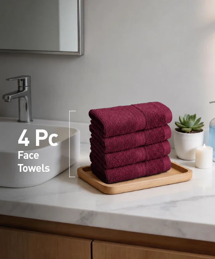 Soft Comfort 4Pc Face Towel Set, Wine Red |600 GSM Cotton|Fade Resistance