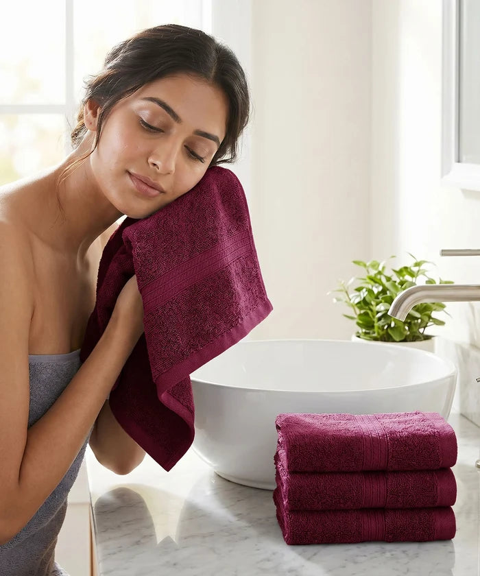 Soft Comfort 4Pc Face Towel Set, Wine Red |600 GSM Cotton|Fade Resistance