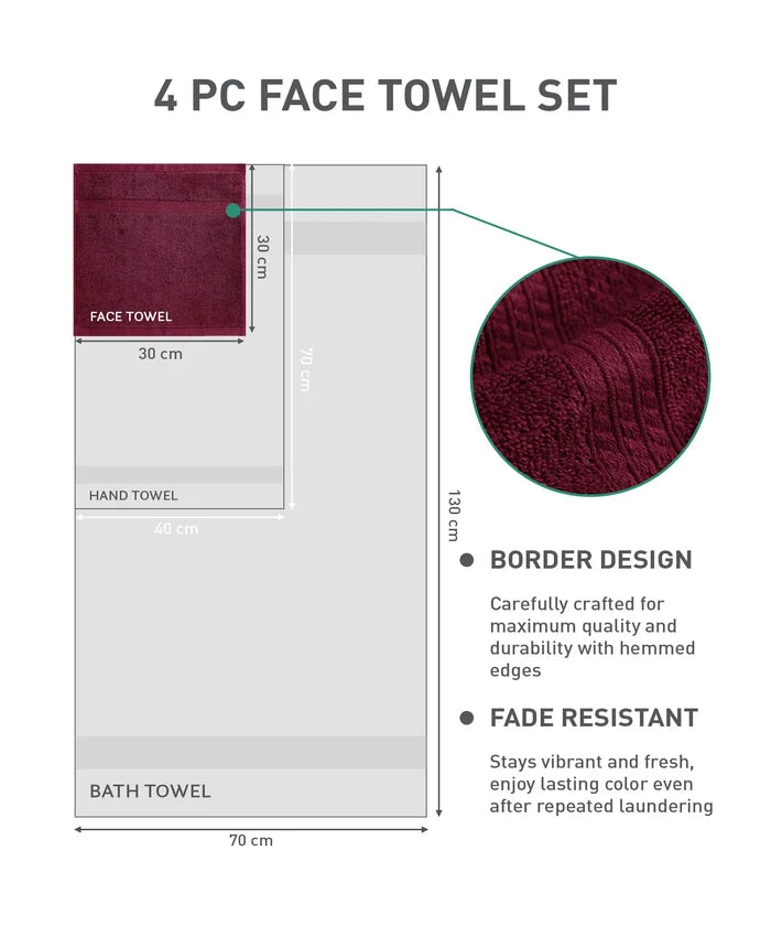 Soft Comfort 4Pc Face Towel Set, Wine Red |600 GSM Cotton|Fade Resistance