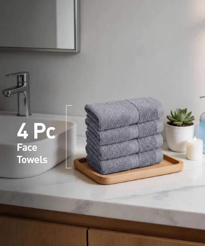 Soft Comfort 4Pc Face Towel Set,Charcoal|600 GSM Cotton|Fade Resistance