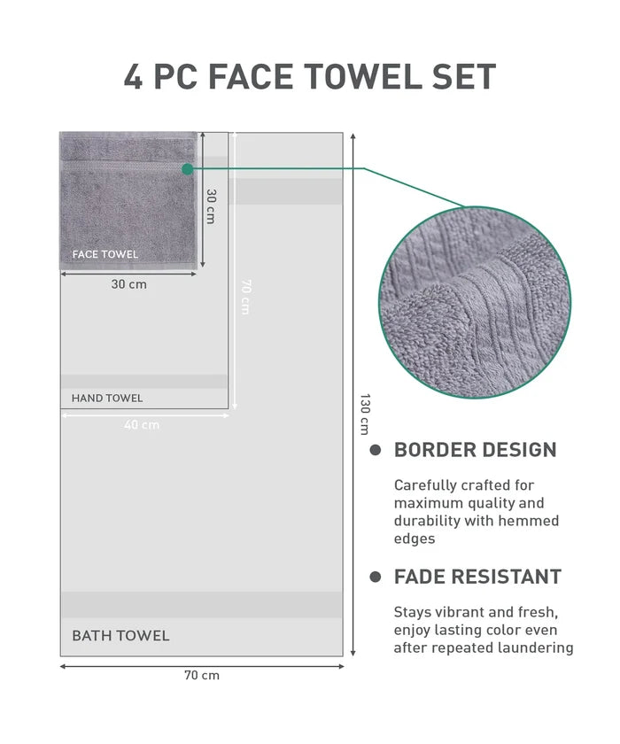 Soft Comfort 4Pc Face Towel Set,Charcoal|600 GSM Cotton|Fade Resistance