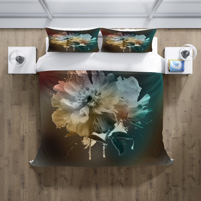 Soft White, Teal and Yellow Floral Bloom Artwork Duvet Cover