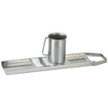 A stainless steel Spatzle grate and cup holder with a bracket that holds onto pot edge, featuring 5/8" holes.