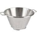 Stainless steel colander on a white background