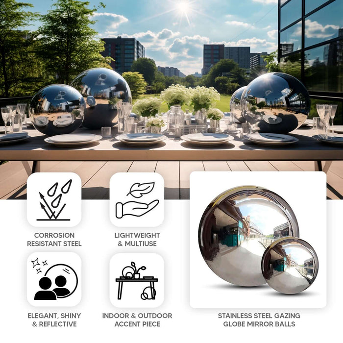 Stainless steel gazing globe mirror balls for elegant indoor and outdoor decor.