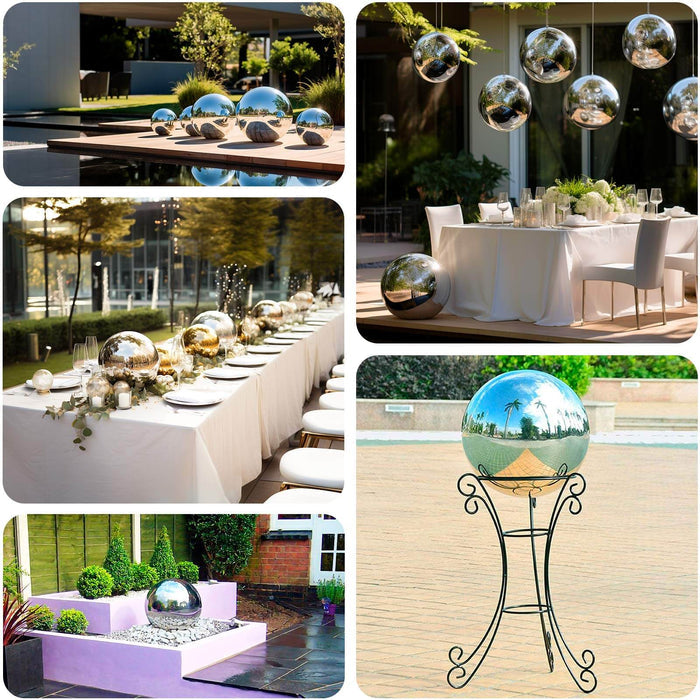 Decorative mirrored spheres in outdoor and event settings.